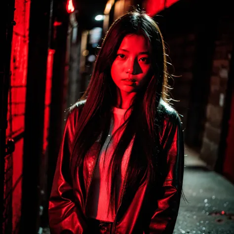 a closeup of a women with long hair, smooth and black, popular korean makeup, tomboy, South Korean popular makeup, The  Korean girl is in an empty, dark alley illuminated by red lights., The girl wears red leather clothes and can barely see each other beca...