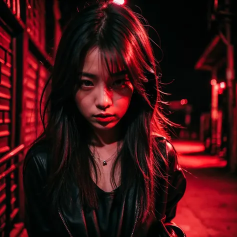 a closeup of a women with long hair, smooth and black, popular korean makeup, tomboy, South Korean popular makeup, The  Korean girl is in an empty, dark alley illuminated by red lights., The girl wears red leather clothes and can barely see each other beca...