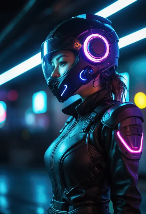 (good structure),high dynamic range,ultra high definition,8k,1 girl,blurred background,cyberpunk protective clothing,cyberpunk protective helmet,Glowing helmet,Neon lamp,neon color,oblique body,night,Mask screen reflections,depth of field,Upper body,cyberp...