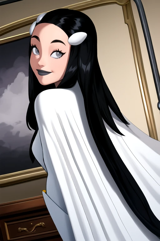 Tinya Wazzo, solo,black hair, long hair. grey eyes, smile, grey lips, white cape, best quality, masterpiece, 1girl, Masterpiece, Best Quality, Detail, room, From Behind, From Below, cape in front