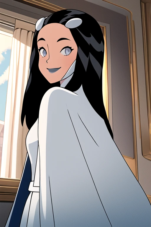 Tinya Wazzo, solo,black hair, long hair. grey eyes, smile, grey lips, white cape, best quality, masterpiece, 1girl, Masterpiece, Best Quality, Detail, room, From Behind, From Below, cape in front