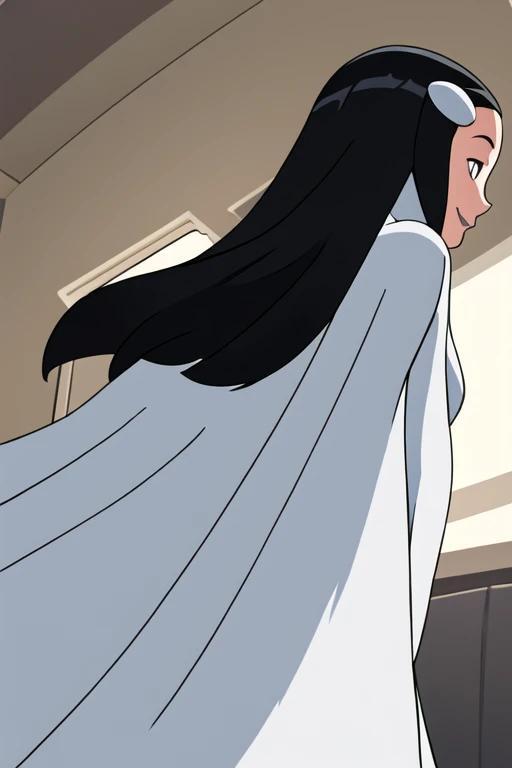 Tinya Wazzo, solo,black hair, long hair. grey eyes, smile, grey lips, white cape, best quality, masterpiece, 1girl, Masterpiece, Best Quality, Detail, room, From Behind, From Below, cape in front, flying