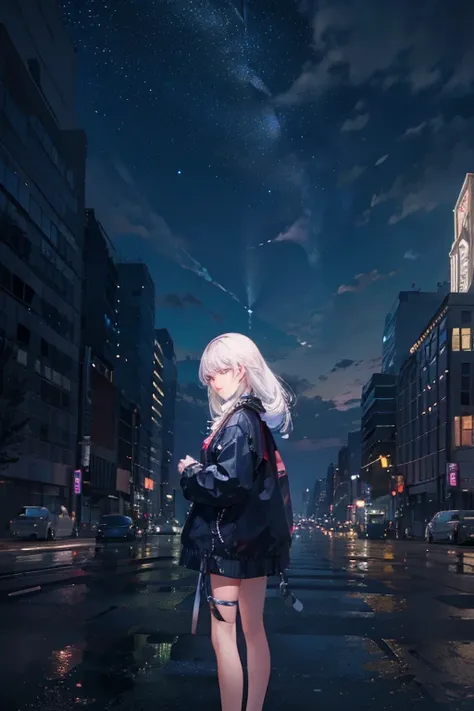 Night, beautiful, big city, many buildings, neon, starry night sky, pale clouds, lights of buildings, night view, a girl standing alone on top of a building