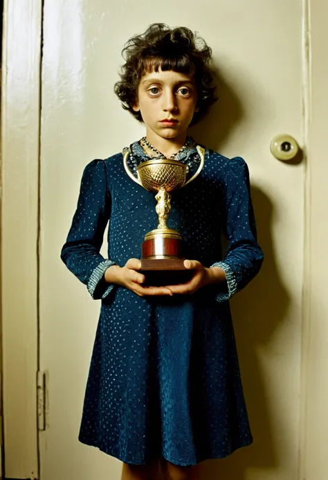 Award-Winning Moment, holding prize, by diane arbus, full body, cinematic still, (best quality, masterpiece, photorealistic), very aesthetic, perfect composition, intricate details, ultra-detailed, vivid colors