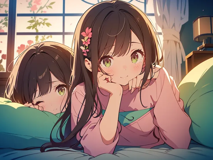 kawaii, anime, Cute, hyper quality, highly detailed, 8k, Clarity, Draw facial expressions in detail, A girl with long dark brown hair and green eyes smiles and opens her mouth, face down pose on bed, fun, highlight on eyes, night, weak moonlight, town of a...