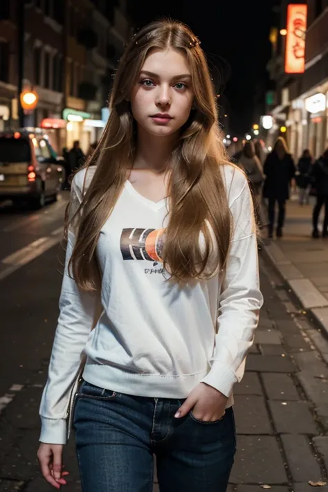 A photorealistic of a 21-year-old russian blond girl with long hair and striking dark eyes. She should have a natural, approachable expression and be illuminated by soft, walk in street