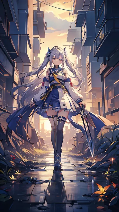 1girl, Akatsukaze Kokoro, known as the Starlight Sentinel, is a young woman with an unyielding spirit and an unwavering commitment to justice. Clad in a striking blue and gold outfit, she patrols the citys rooftops with her trusty sword at her side. Her pi...