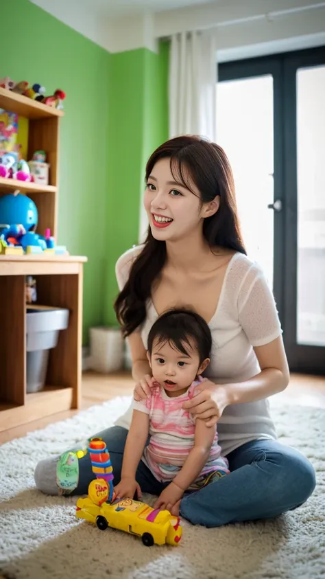 high quality, Highest Quality, Masterpiece, realistic, 24 year old mom, Having fun with my 2 year old boy, baby toy, parenting, home, Korea people,