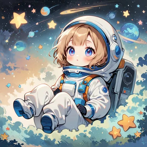 Girl in spacesuit floating in space, surrounded by the Milky Way, the universe , cutely.  เล่น 