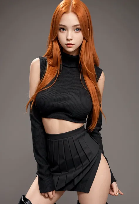 Pretty girl about 18 years old with long, straight orange hair, tall and skinny with medium thighs, big butt and big breasts wearing a black pleated miniskirt, black boots and a gray sleeveless tight sweater