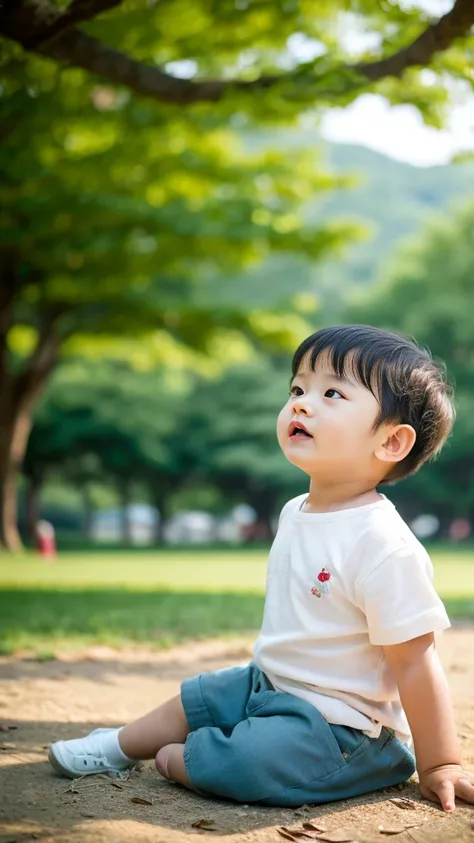 high quality, Highest Quality, Masterpiece, realistic, A 2-year-old boy playing in the park, peaceful, Korea people,