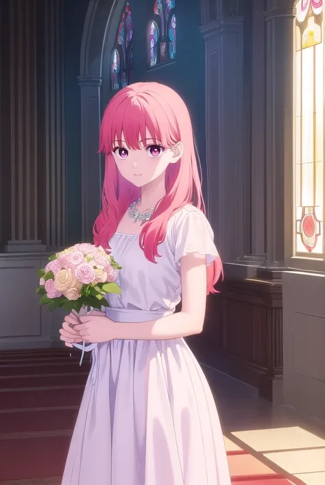 yukiitose, yuki itose, long hair, pink hair, red hair, (pink eyes:1.3),
break  wedding dress, white dress, satin, lace, ballgown...