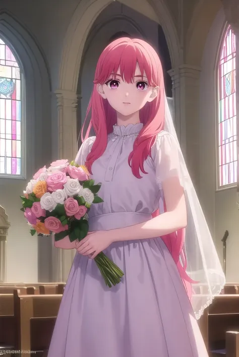 yukiitose, yuki itose, long hair, pink hair, red hair, (pink eyes:1.3),
break  wedding dress, white dress, satin, lace, ballgown...