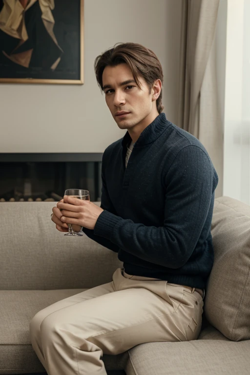 a man sitting on a sofa and holding a glass、classy portrait,  high-resolution consignment,  male art, art station: male aestheti...