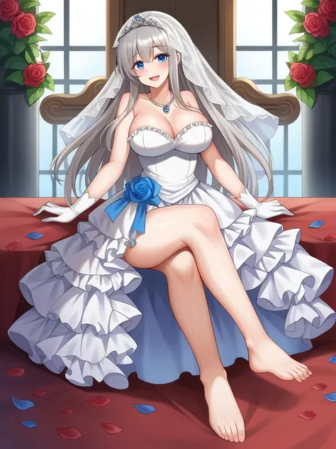 ((masterpiece)), (((best quality))), ((ultra-detailed)), ((illustration)), ((disheveled hair)), ((frills)), (1 girl), (solo)，alternative costume,blue flower, blue rose, blush, bouquet, breasts, bridal veil, bug, butterfly, choker, cleavage, clothing, crown...