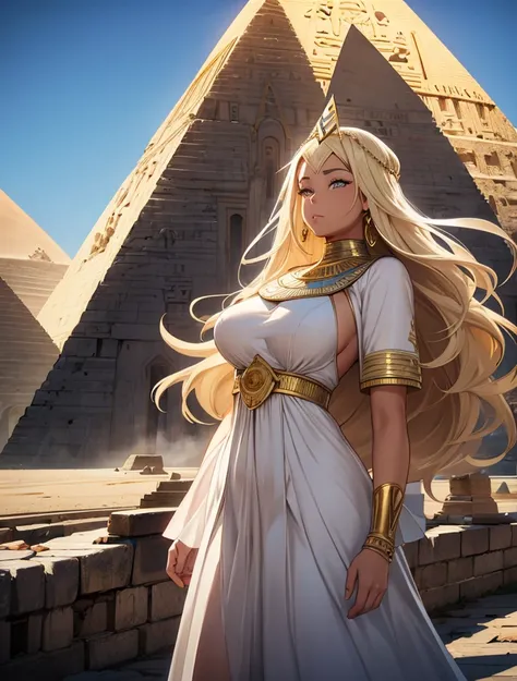 arafed woman in a white dress and gold jewelry standing in front of a pyramid, alena aenami and artegerm, artegerm on artstation...