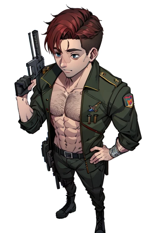 Young man, shaven hair, military court, red hair color, brown skin, wearing no shirt, military jacket, scar on the abdomen, brawny, military pants, black military boots