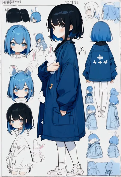 small girl with outer black hair and inner blue hair, oversized cozy clothes, preschooler, holding a bunny plush, ((character sh...