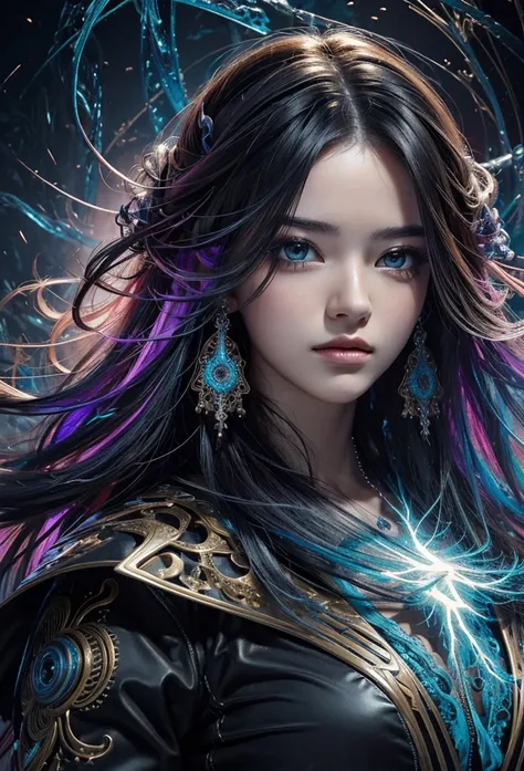 (masterpiece, Highest quality, Highest quality, Official Art, beautifully、aesthetic:1.2), (One girl), extreme detailed,(Abstract, Fractal Art:1.3),Colorful Hair,highest detailed, detailed_eye, thunder、Lightning, Light_particle,