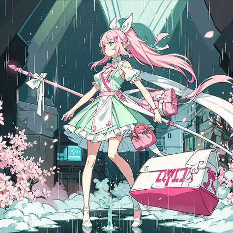 A cute pink-haired female elf with a ponytail and light green eyes wearing a white dress, a pink ribbon, and a white bag, standing in the rain in the middle of a modern city.