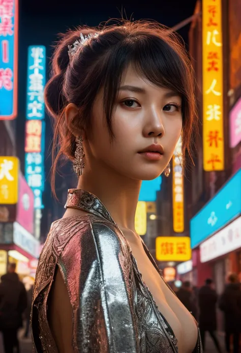 a bare-backed girl in a neon city, chinapunk style, iconic album covers, soft focus portraits, luke fildes, light amber and silver, exotic and captivating lighting --ar 1:2 --stylize 750 --v 6