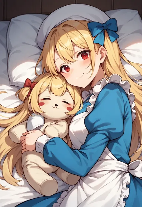 1girl, long hair, looking at viewer, blush, smile, multiple girls, blonde hair, red eyes, long sleeves, hat, dress, bow, holding, closed eyes, hair bow, puffy sleeves, apron, blue dress, facial mark, stuffed toy, sleeping, zzz