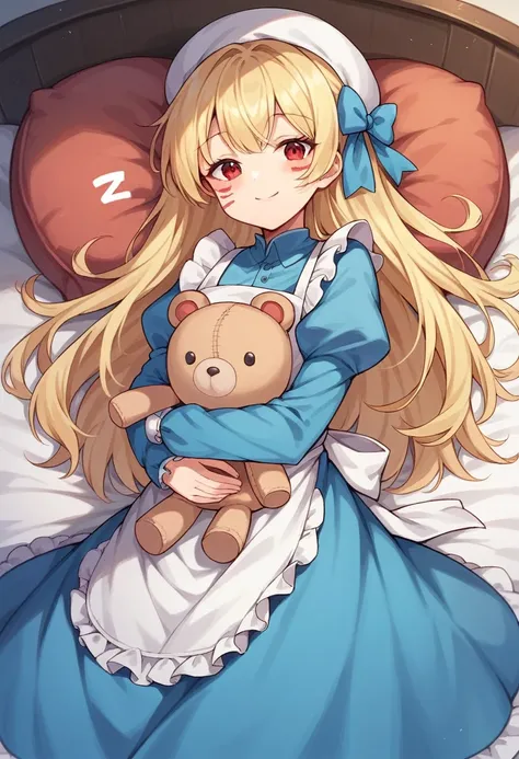 1girl, long hair, looking at viewer, blush, smile, multiple girls, blonde hair, red eyes, long sleeves, hat, dress, bow, holding, closed eyes, hair bow, puffy sleeves, apron, blue dress, facial mark, stuffed toy, sleeping, zzz