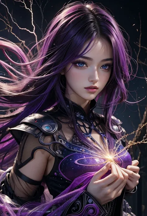 (masterpiece, Highest quality, Highest quality, Official Art, beautifully、aesthetic:1.2), (One girl), extreme detailed,(Abstract, Fractal Art:1.3),Colorful Hair,Purple Mesh、highest detailed, detailed_eye, thunder、Lightning, Light_particle,electricity、magic