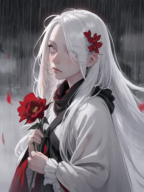 1girl,solo,1girl,solo,((beautiful detailed eyes)), (detailed light),depth of field,(white hair),silver eyes,hair over one eye,(red flower ), hair flower,long hair,black cloak,wet,emotionless,looking back,night,starfall,raining,fog,red flowers falling,sketc...