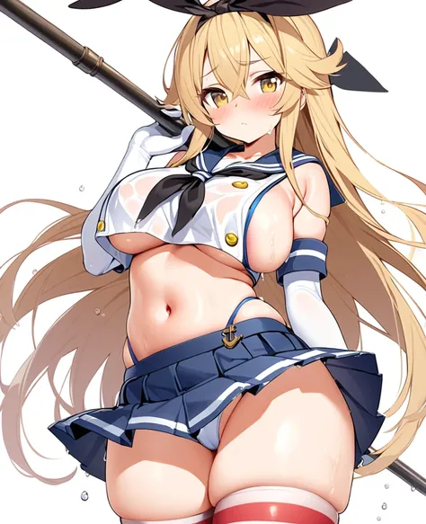 rensouhou-chan, shimakaze (kancolle), 1girl, solo, long hair, breasts, looking at viewer, blush, skirt, blonde hair, large breasts, simple background, hair ornament, thighhighs, gloves, white background, navel, hair between eyes, closed mouth, underwear, ,...