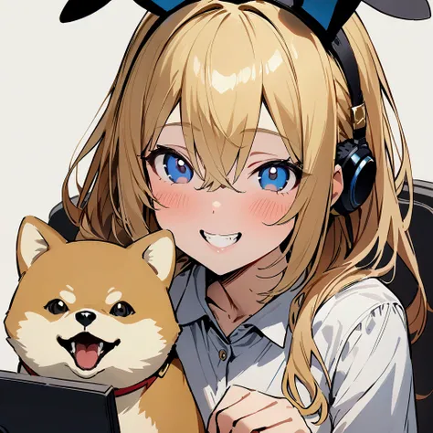 high resolution, looking at the audience,I have a Shiba dog.,smile,Long bangs hair,golden hair,simple background, Sitting in front of the computer, Masterpiece, decorative arts, best quality, Anatomically correct,Wear a ,girl,blue eyes, Bangs between the e...