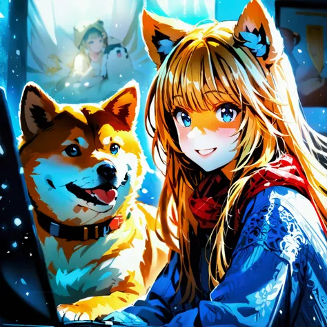 high resolution, looking at the audience,I have a Shiba dog.,smile,Long bangs hair,golden hair,simple background, Sitting in front of the computer, Masterpiece, decorative arts, best quality, Anatomically correct,Wear a ,girl,blue eyes, Bangs between the e...