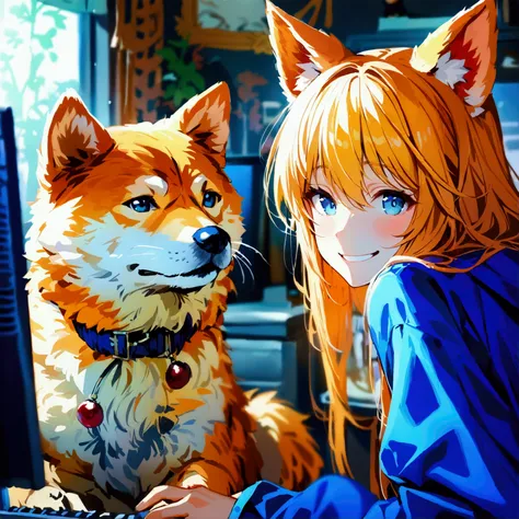 high resolution, looking at the audience,I have a Shiba dog.,smile,Long bangs hair,golden hair,simple background, Sitting in front of the computer, Masterpiece, decorative arts, best quality, Anatomically correct,Wear a ,girl,blue eyes, Bangs between the e...