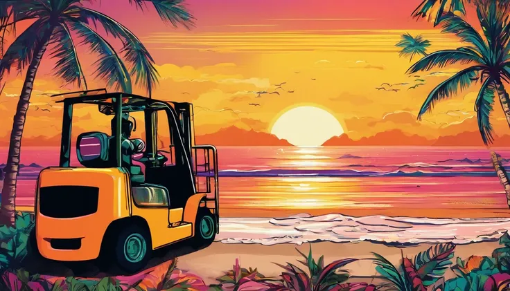 2 forklifts facing each other, beach background with sunrise atmosphere, coconut trees, waves, (best quality,4k,8k,highres,masterpiece:1.2),ultra-detailed,(realistic,photorealistic,photo-realistic:1.37),hdr,studio lighting,extremely detailed,vibrant colors...