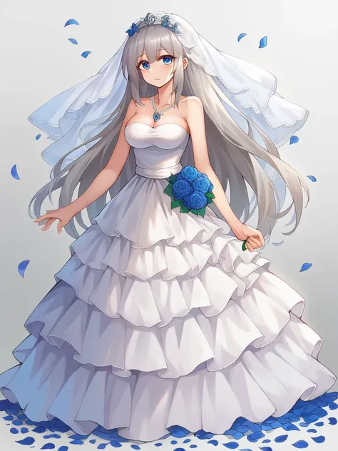 (((Best quality))),((Ultra-detailed)),((illustration)),((Disheveled hair)),((frilld)),(1 girl),(Solo),1girl,1girl,blue bow,blue eyes,blue flower,blue ribbon,blue rose,bouquet,breasts,dress,flower,gradient,gradient background,grey background,jewelry,long ha...