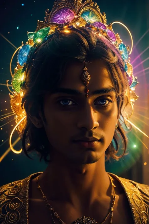 ((best quality)), ((masterpiece)), portrait, men Lord Krishna, celestial, deity, goddess, light particles, halo, looking at viewer, ,bioluminescent, vibrant, colourful, color, (glowing, glow), (beautiful composition), cinematic lighting, intricate,