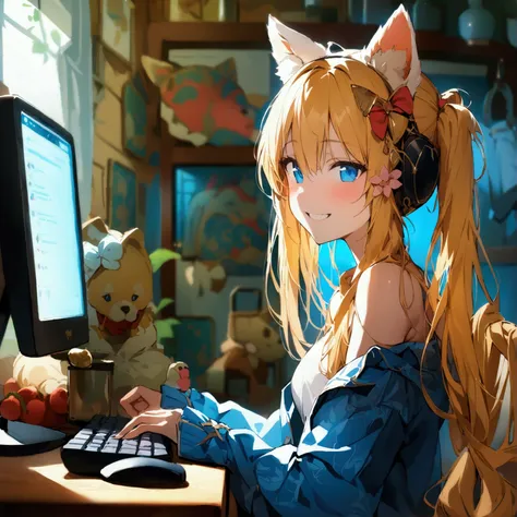 high resolution, looking at the audience,smile,Long bangs hair,golden hair,simple background, Sitting in front of the computer, Masterpiece, decorative arts, best quality, Anatomically correct,Wear a ,girl,blue eyes, Bangs between the eyes, canine teeth, f...