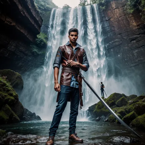 Professional photography masterpiece with 1 model: a confident, charming man in modern casual trendy attire, 25 years old, with a subtle smile, looking happy, holding a long sword with intricate tribal neon glowing, posing to attack an opponent forward, ag...