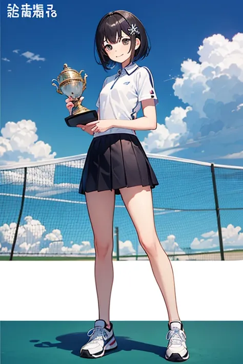 Highest quality、Black Hair、Iris、short hair、girl、cute、16 years old、、Small hair ornament、1 person、Tennis Wear、Award ceremony、Holding a big winning trophy、Happy expression、