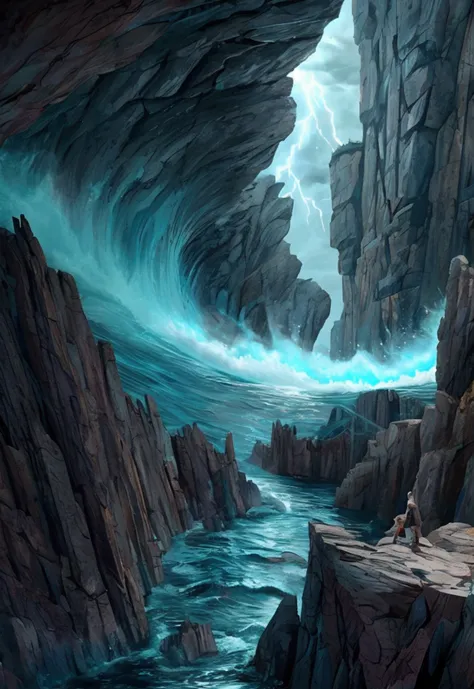 Design a high-octane scene with a powerful stormy sea. The ocean should be tumultuous, with massive waves crashing and dark, swirling currents that resemble an abyss. In the midst of this chaos, place a fierce, determined figure—perhaps a rugged sailor or ...