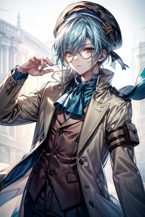 (masterpiece, best quality, perfect face, expressive eyes), 1boy, (male), (anime). monocle, beige coat, blue scarf, beige beret, blue hair, red eyes, intricate details, 