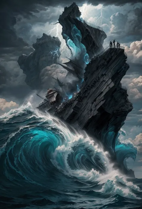 Design a high-octane scene with a powerful stormy sea. The ocean should be tumultuous, with massive waves crashing and dark, swirling currents that resemble an abyss. In the midst of this chaos, place a fierce, determined figure—perhaps a rugged sailor or ...