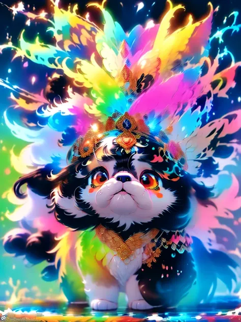 Splash Art, Cute black black black black Shih Tzu puppy in liquid made of color, splash style of colourful paint, hyper detailed intricately detailed, Fantastical,intricately details, Splash screen, complementary colours, fantasy, concept-art, 8K resolutio...