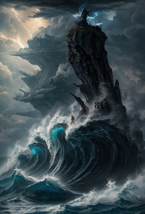 Design a high-octane scene with a powerful stormy sea. The ocean should be tumultuous, with massive waves crashing and dark, swirling currents that resemble an abyss. In the midst of this chaos, place a fierce, determined figure—perhaps a rugged sailor or ...