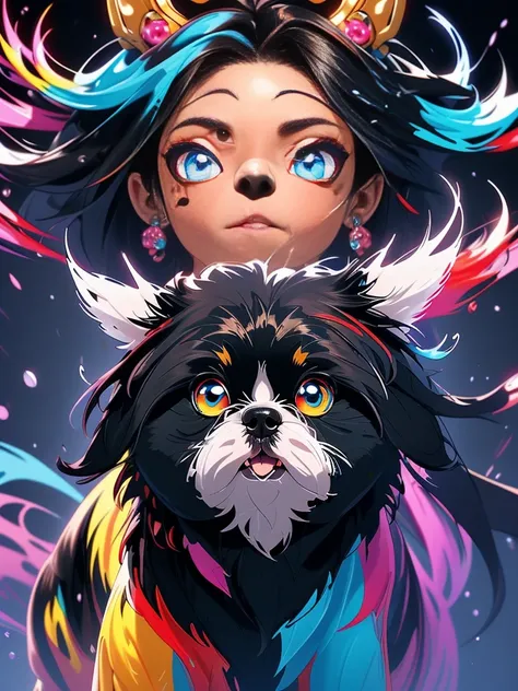 Splash Art, Cute black black black black Shih Tzu puppy in liquid made of color, splash style of colourful paint, hyper detailed intricately detailed, Fantastical,intricately details, Splash screen, complementary colours, fantasy, concept-art, 8K resolutio...