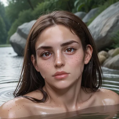 (GeGe:1.9), (woman), (brunette), (brown eyes), (freckles:1.9), score_9, score_8_up, score_7_up, score_6_up, score_5_up, score_4_up, 1girl, solo, naked, submerged, in water, wet, sweaty, long hair, full lips, large breasts, erect nipples, highly detailed ni...