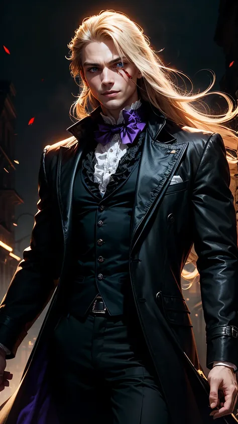 1 man, (solo), beautiful, androgynous, perfect face, evil smile, insane, crazy, Black coat, black suit, one young male, beautiful long hair, blond hair, blue eyes, purple victorian  shirt, purple jabot, beautiful face, highest quality, cowboy shot, blood, ...