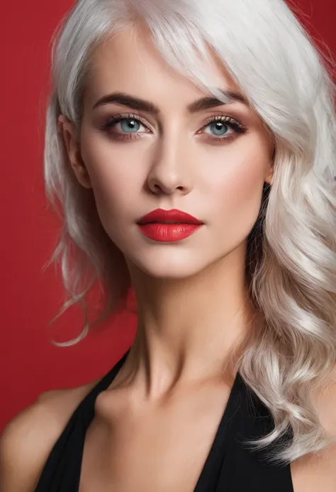 woman with platinum hair, eyes red, brunette skin, black handle,👙.