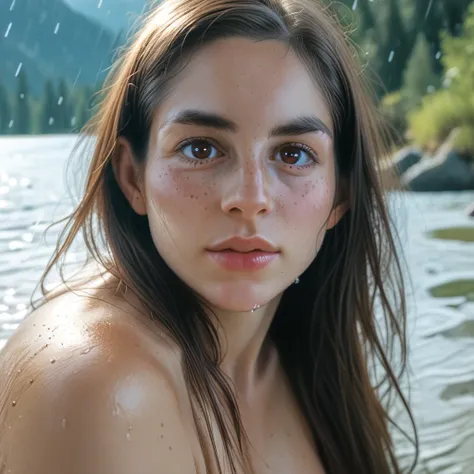 (GeGe:1.9), (woman), (brunette), (brown eyes), (freckles:1.9), score_9, score_8_up, score_7_up, score_6_up, score_5_up, score_4_up, 1girl, solo, naked, in a river up to her thighs, in water, wet, sweaty, long hair, full lips, large breasts, erect nipples, ...