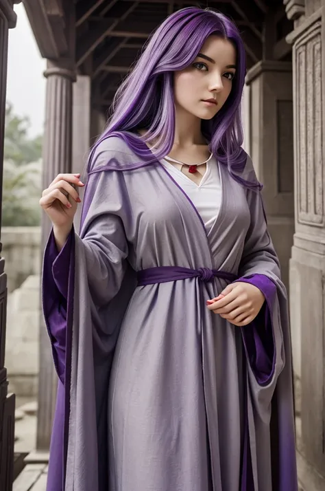 A girl with pale purple hair and darker purple streaks. Her eyes are black. She is wearing a red cloak with a white triangle on it. And a simple grey tunic dress underneath it. She is in an old temple